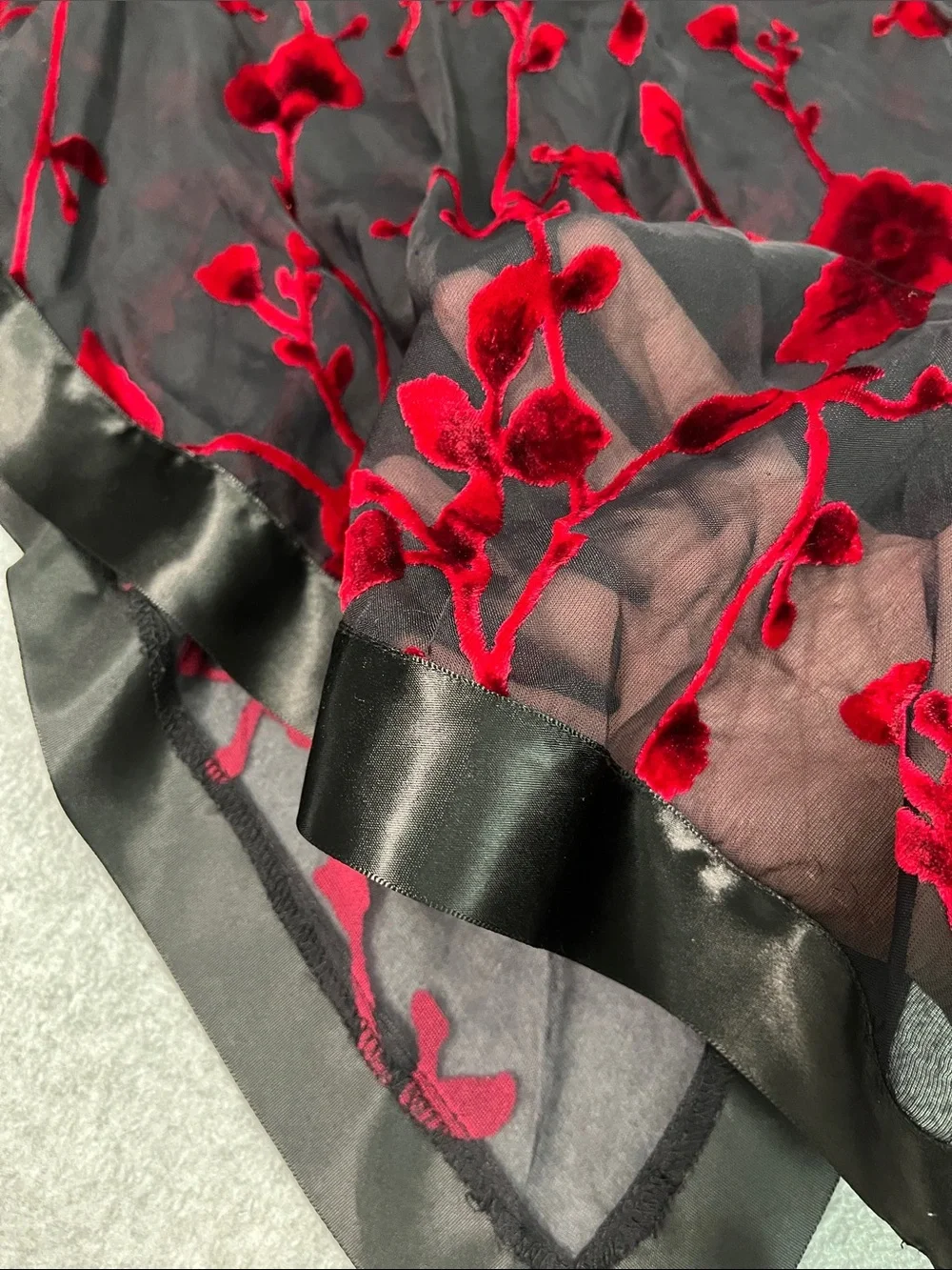 Black Sheer Poncho Coverup Red Velvet Floral Burnout Large Whimsigoth Dark Vamp